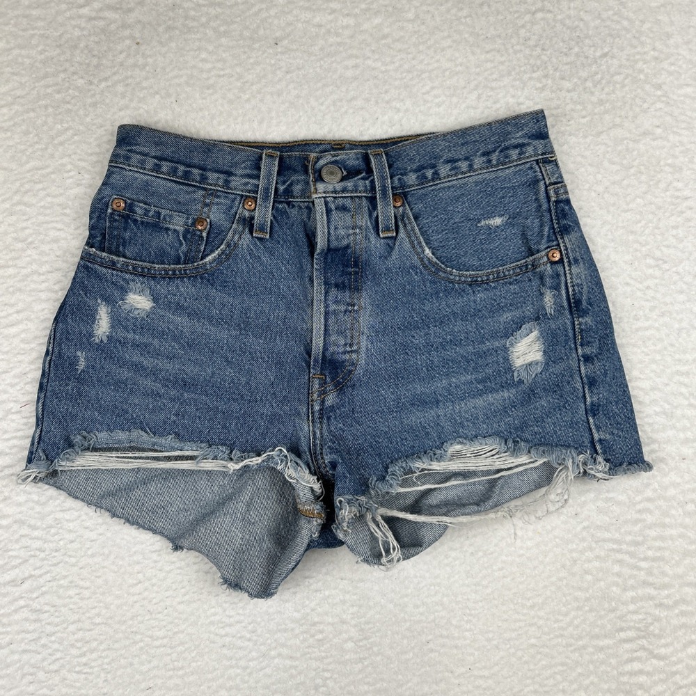 Levi's Premium 501 Denim Jean Shorts Distressed Button Fly Cut Off Womens 26 *27